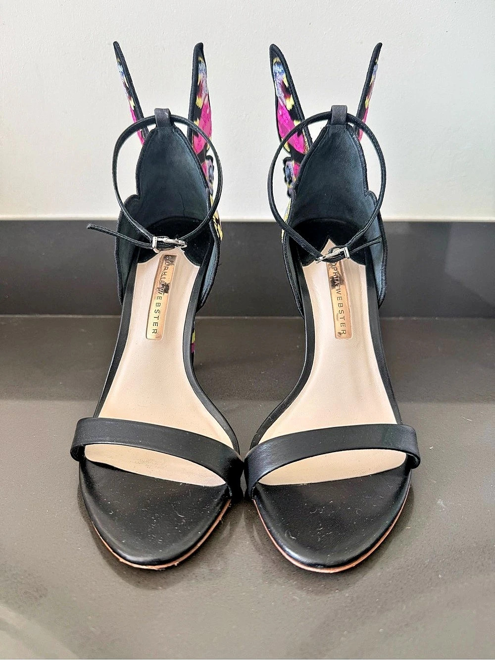 Sophia Webster Chiara Embroidery Mid Sandal Heels in Black & Pink